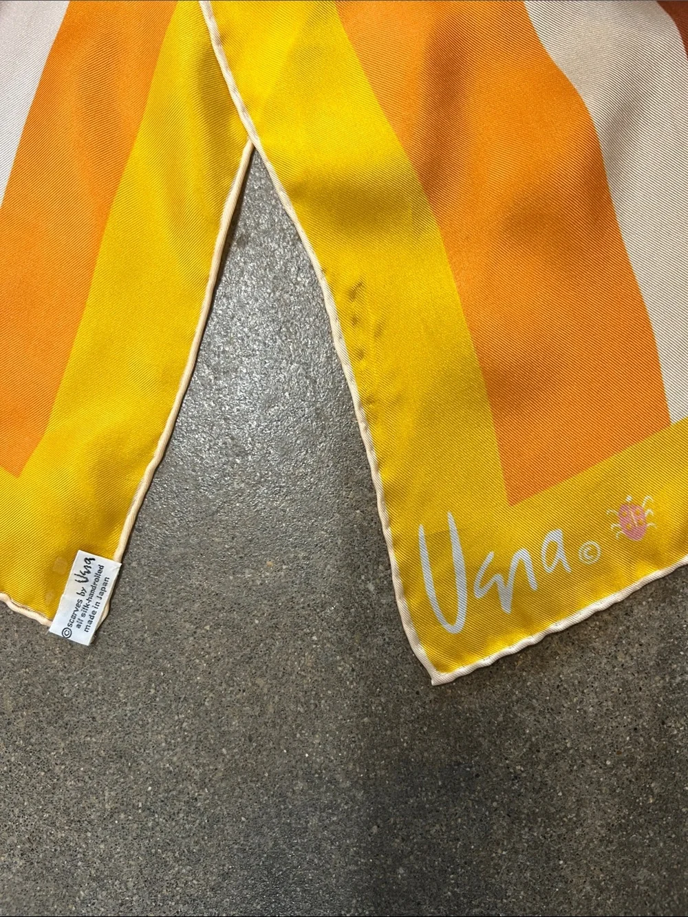 Vintage Vera Neumann silk Oblong Scarf hand rolled mustard orange pink & brown